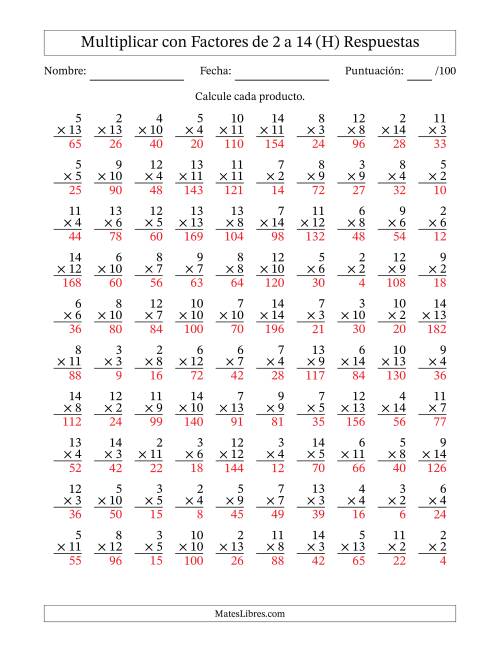 La hoja de ejercicios de Multiplicación con Factores de 2 a 14 (100 Preguntas) (H) Página 2