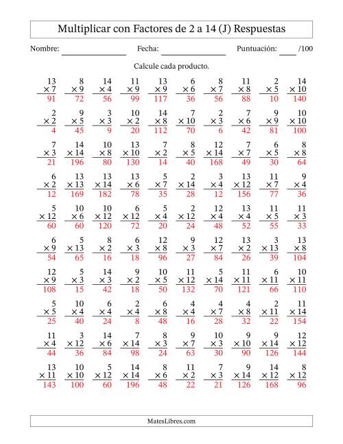 La hoja de ejercicios de Multiplicación con Factores de 2 a 14 (100 Preguntas) (J) Página 2