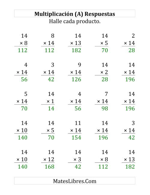 La hoja de ejercicios de Multiplicar por 14 (Hasta 196) (Grande) Página 2