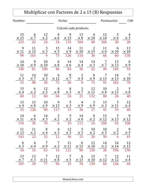 La hoja de ejercicios de Multiplicación con Factores de 2 a 15 (100 Preguntas) (B) Página 2