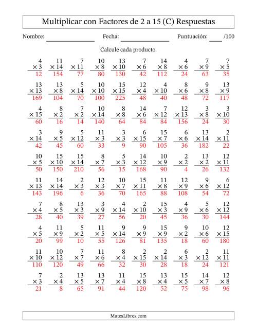 La hoja de ejercicios de Multiplicación con Factores de 2 a 15 (100 Preguntas) (C) Página 2