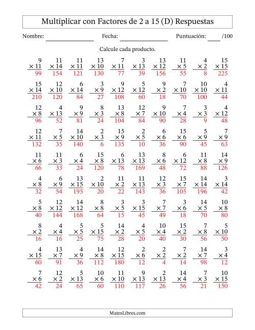 La hoja de ejercicios de Multiplicación con Factores de 2 a 15 (100 Preguntas) (D) Página 2