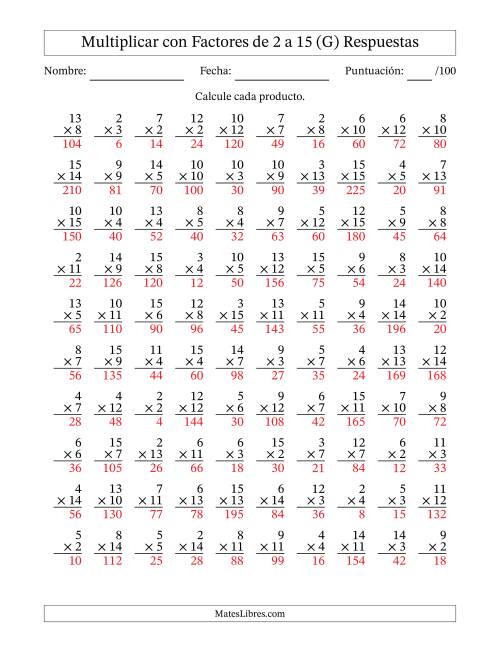 La hoja de ejercicios de Multiplicación con Factores de 2 a 15 (100 Preguntas) (G) Página 2
