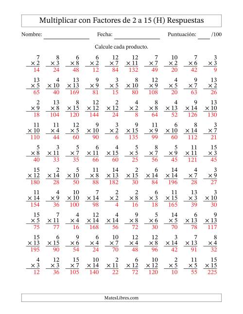 La hoja de ejercicios de Multiplicación con Factores de 2 a 15 (100 Preguntas) (H) Página 2