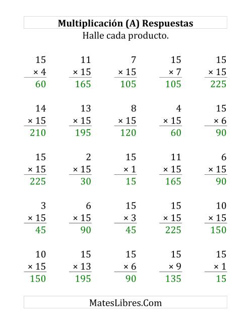 La hoja de ejercicios de Multiplicar por 15 (Hasta 225) (Grande) Página 2