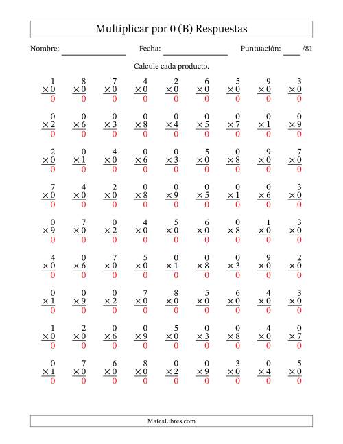 La hoja de ejercicios de Multiplicar (Factores de 1 a 9) por 0 (81 Preguntas) (B) Página 2