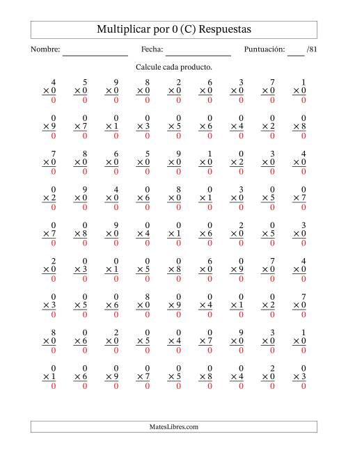 La hoja de ejercicios de Multiplicar (Factores de 1 a 9) por 0 (81 Preguntas) (C) Página 2