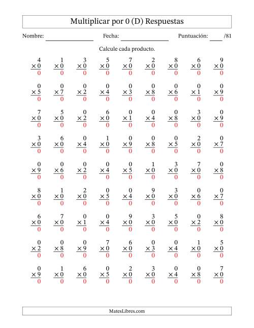 La hoja de ejercicios de Multiplicar (Factores de 1 a 9) por 0 (81 Preguntas) (D) Página 2