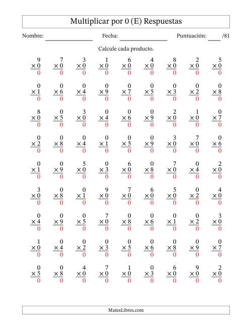 La hoja de ejercicios de Multiplicar (Factores de 1 a 9) por 0 (81 Preguntas) (E) Página 2