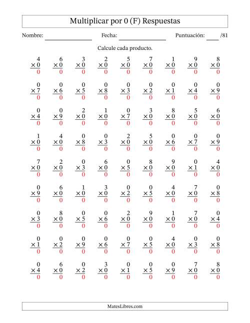 La hoja de ejercicios de Multiplicar (Factores de 1 a 9) por 0 (81 Preguntas) (F) Página 2
