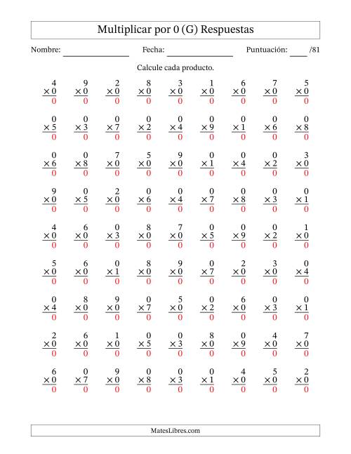 La hoja de ejercicios de Multiplicar (Factores de 1 a 9) por 0 (81 Preguntas) (G) Página 2