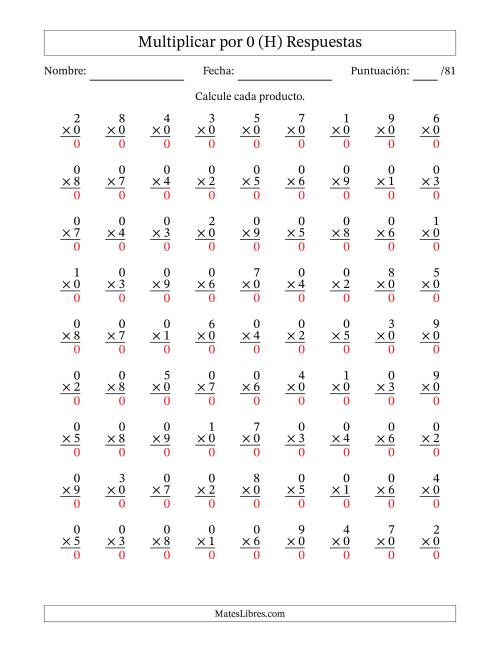 La hoja de ejercicios de Multiplicar (Factores de 1 a 9) por 0 (81 Preguntas) (H) Página 2