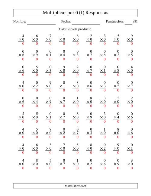 La hoja de ejercicios de Multiplicar (Factores de 1 a 9) por 0 (81 Preguntas) (I) Página 2
