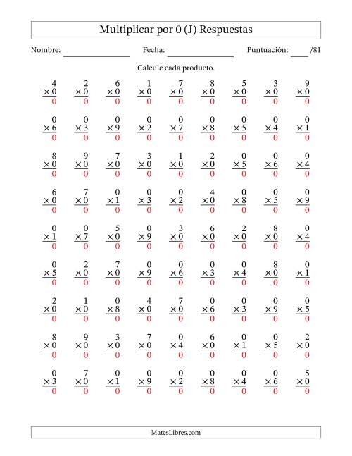 La hoja de ejercicios de Multiplicar (Factores de 1 a 9) por 0 (81 Preguntas) (J) Página 2