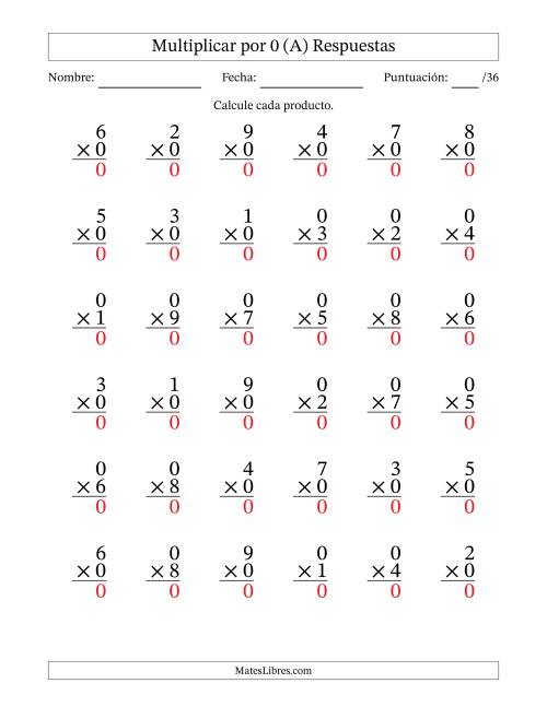 La hoja de ejercicios de Multiplicar (Factores de 1 a 9) por 0 (36 Preguntas) (A) Página 2