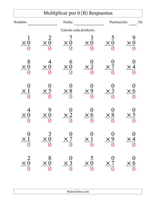 La hoja de ejercicios de Multiplicar (Factores de 1 a 9) por 0 (36 Preguntas) (B) Página 2