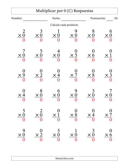 La hoja de ejercicios de Multiplicar (Factores de 1 a 9) por 0 (36 Preguntas) (C) Página 2