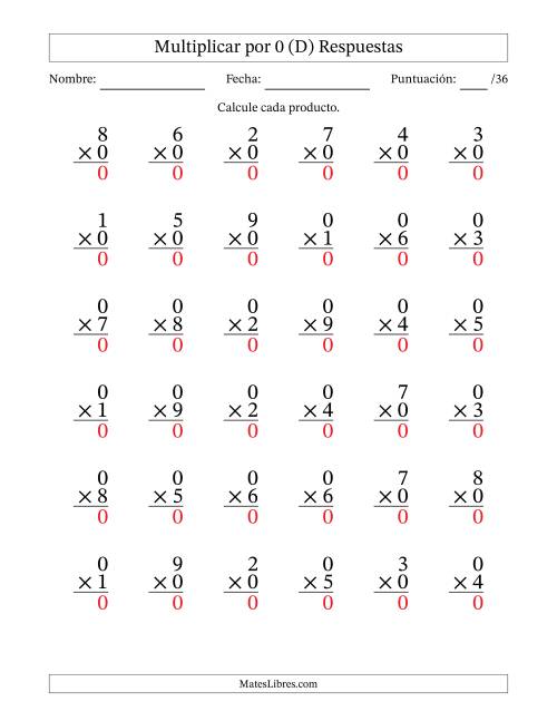 La hoja de ejercicios de Multiplicar (Factores de 1 a 9) por 0 (36 Preguntas) (D) Página 2