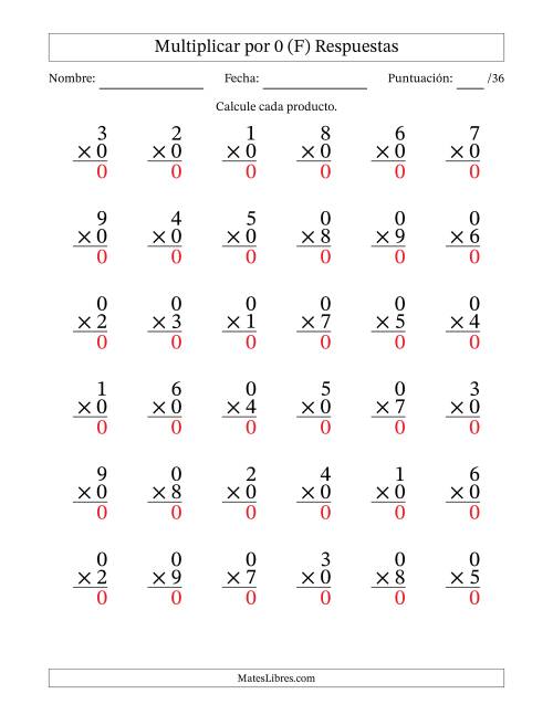 La hoja de ejercicios de Multiplicar (Factores de 1 a 9) por 0 (36 Preguntas) (F) Página 2