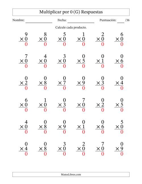 La hoja de ejercicios de Multiplicar (Factores de 1 a 9) por 0 (36 Preguntas) (G) Página 2