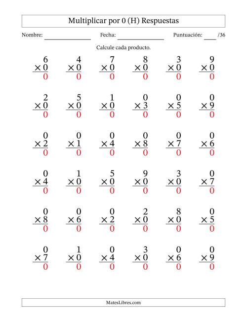 La hoja de ejercicios de Multiplicar (Factores de 1 a 9) por 0 (36 Preguntas) (H) Página 2