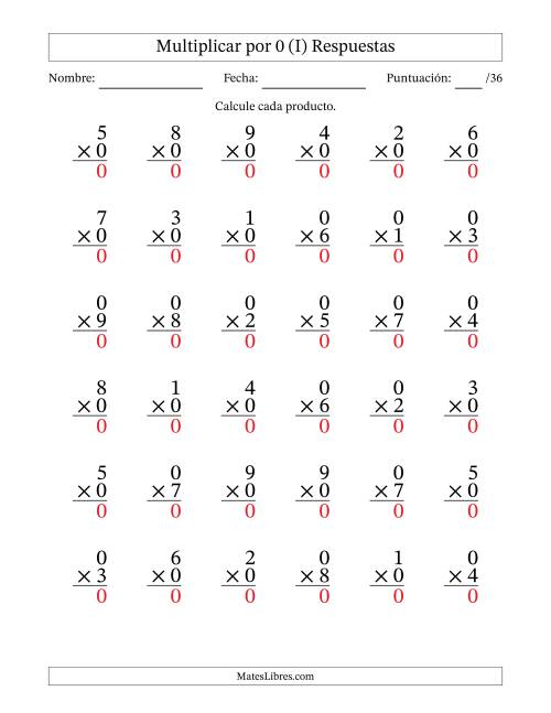 La hoja de ejercicios de Multiplicar (Factores de 1 a 9) por 0 (36 Preguntas) (I) Página 2