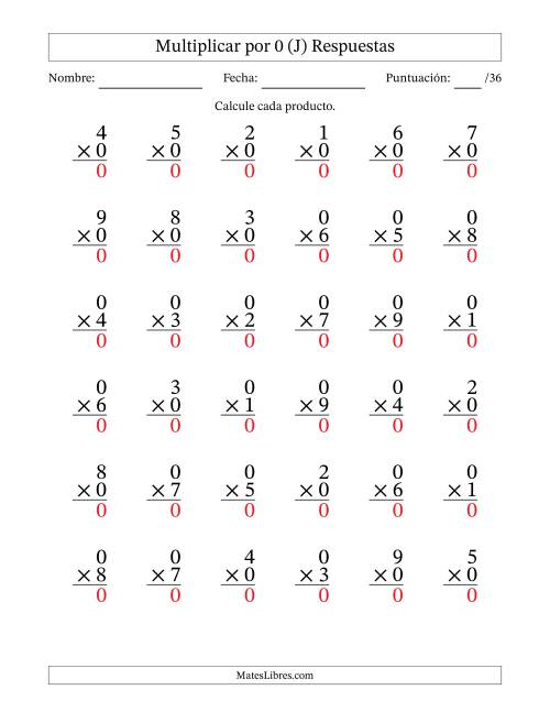La hoja de ejercicios de Multiplicar (Factores de 1 a 9) por 0 (36 Preguntas) (J) Página 2