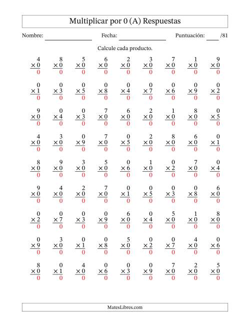 La hoja de ejercicios de Multiplicar (Factores de 1 a 9) por 0 (81 Preguntas) (Todas) Página 2