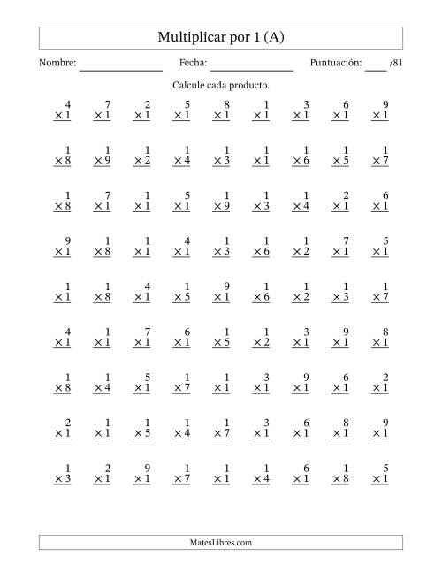 La hoja de ejercicios de Multiplicar (Factores de 1 a 9) por 1 (81 Preguntas) (A)