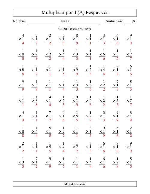 La hoja de ejercicios de Multiplicar (Factores de 1 a 9) por 1 (81 Preguntas) (A) Página 2