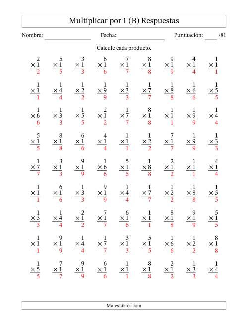 La hoja de ejercicios de Multiplicar (Factores de 1 a 9) por 1 (81 Preguntas) (B) Página 2