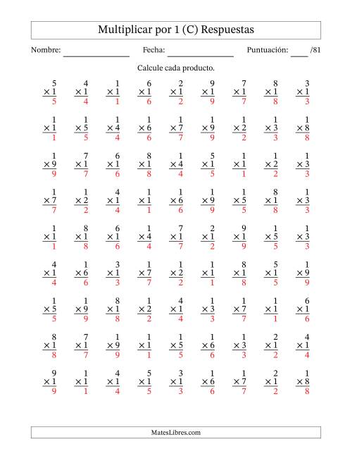La hoja de ejercicios de Multiplicar (Factores de 1 a 9) por 1 (81 Preguntas) (C) Página 2