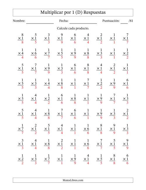La hoja de ejercicios de Multiplicar (Factores de 1 a 9) por 1 (81 Preguntas) (D) Página 2