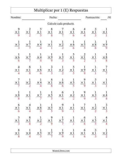 La hoja de ejercicios de Multiplicar (Factores de 1 a 9) por 1 (81 Preguntas) (E) Página 2