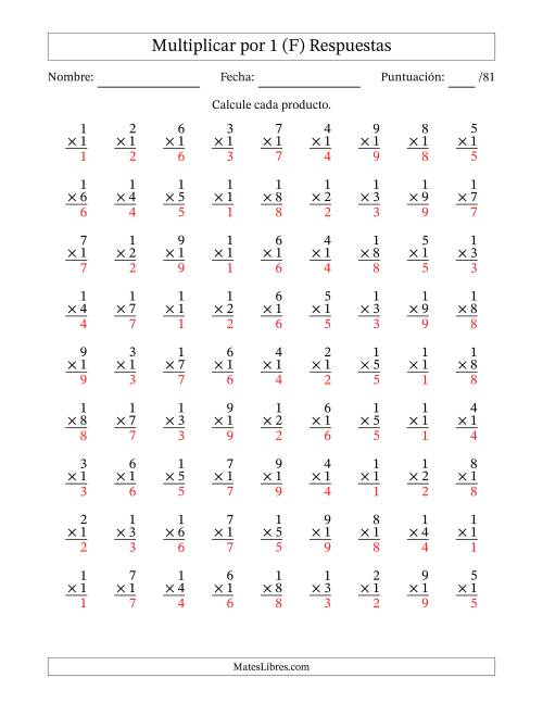 La hoja de ejercicios de Multiplicar (Factores de 1 a 9) por 1 (81 Preguntas) (F) Página 2