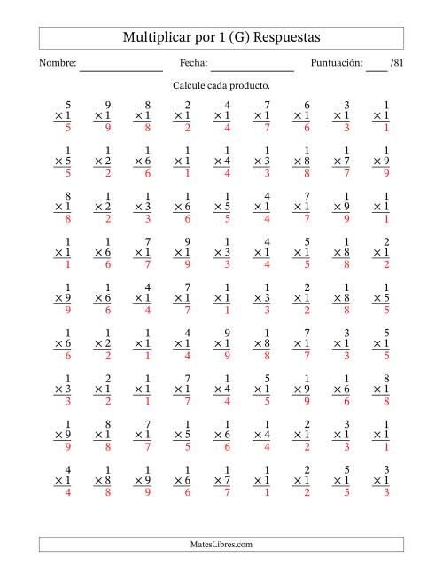 La hoja de ejercicios de Multiplicar (Factores de 1 a 9) por 1 (81 Preguntas) (G) Página 2
