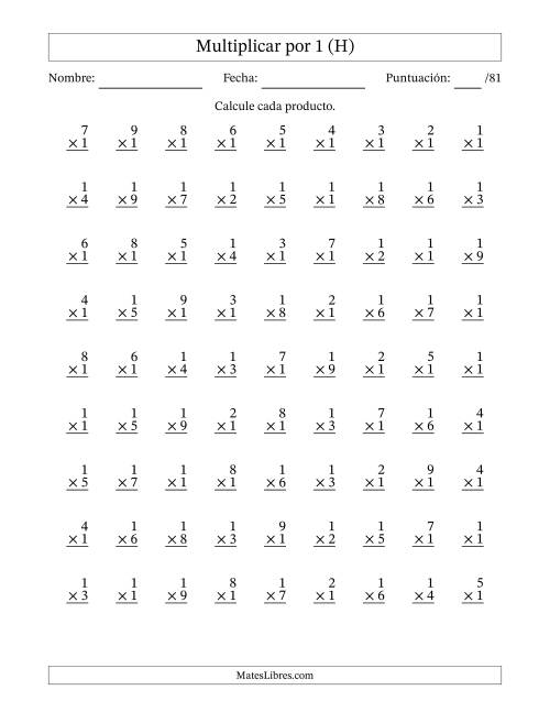 La hoja de ejercicios de Multiplicar (Factores de 1 a 9) por 1 (81 Preguntas) (H)