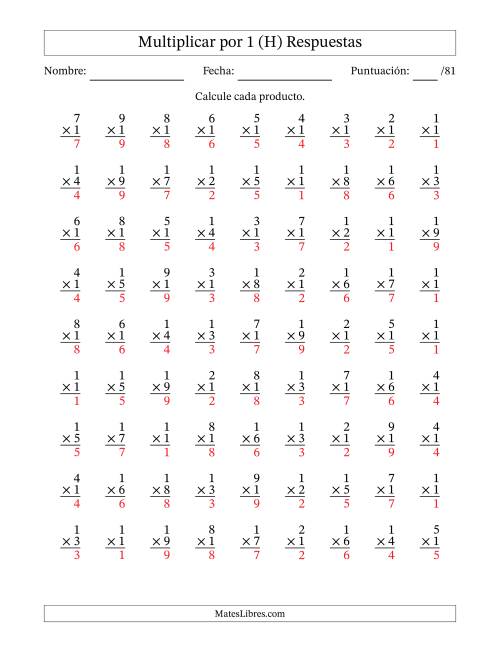 La hoja de ejercicios de Multiplicar (Factores de 1 a 9) por 1 (81 Preguntas) (H) Página 2
