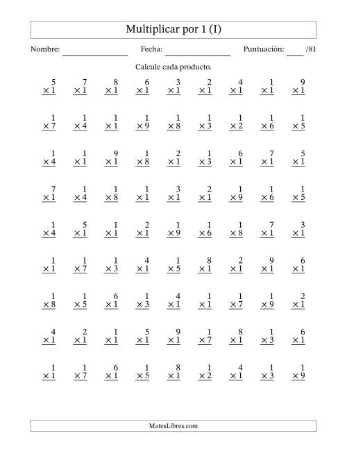 La hoja de ejercicios de Multiplicar (Factores de 1 a 9) por 1 (81 Preguntas) (I)