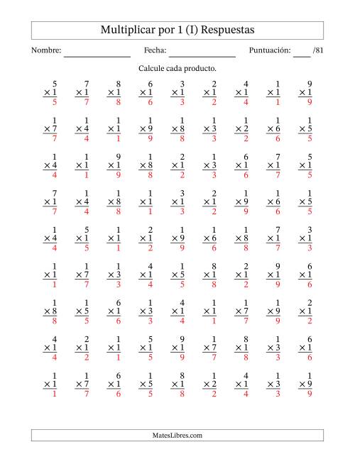 La hoja de ejercicios de Multiplicar (Factores de 1 a 9) por 1 (81 Preguntas) (I) Página 2