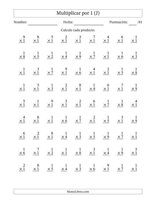 La hoja de ejercicios de Multiplicar (Factores de 1 a 9) por 1 (81 Preguntas) (J)