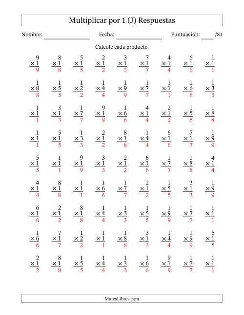 La hoja de ejercicios de Multiplicar (Factores de 1 a 9) por 1 (81 Preguntas) (J) Página 2