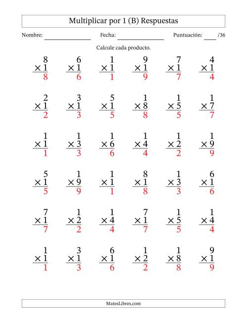 La hoja de ejercicios de Multiplicar (Factores de 1 a 9) por 1 (36 Preguntas) (B) Página 2
