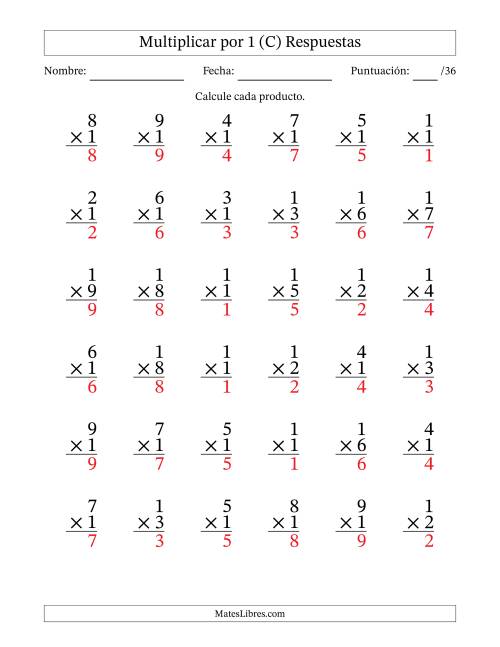 La hoja de ejercicios de Multiplicar (Factores de 1 a 9) por 1 (36 Preguntas) (C) Página 2