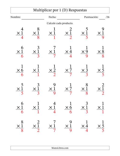 La hoja de ejercicios de Multiplicar (Factores de 1 a 9) por 1 (36 Preguntas) (D) Página 2