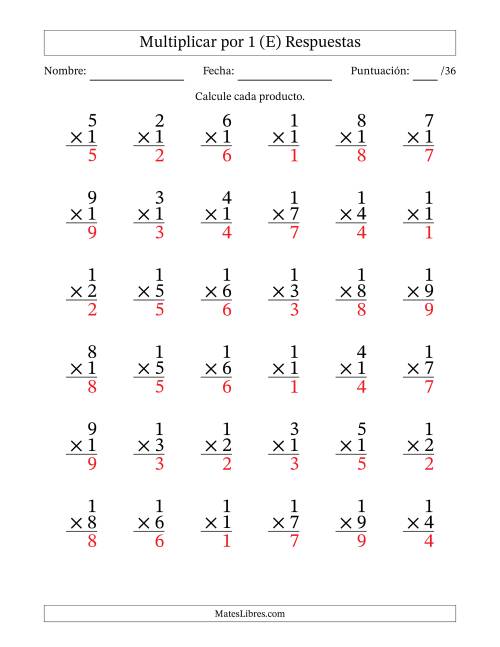 La hoja de ejercicios de Multiplicar (Factores de 1 a 9) por 1 (36 Preguntas) (E) Página 2