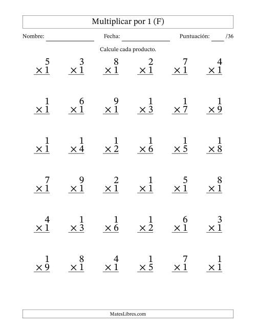 La hoja de ejercicios de Multiplicar (Factores de 1 a 9) por 1 (36 Preguntas) (F)