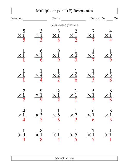 La hoja de ejercicios de Multiplicar (Factores de 1 a 9) por 1 (36 Preguntas) (F) Página 2