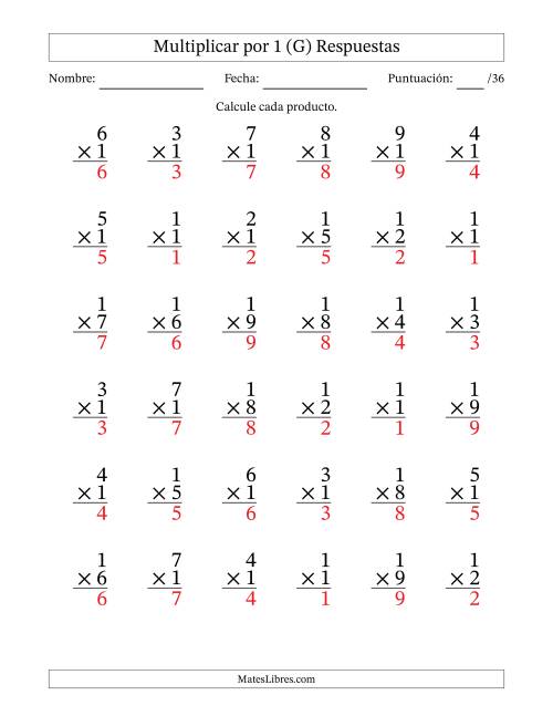 La hoja de ejercicios de Multiplicar (Factores de 1 a 9) por 1 (36 Preguntas) (G) Página 2