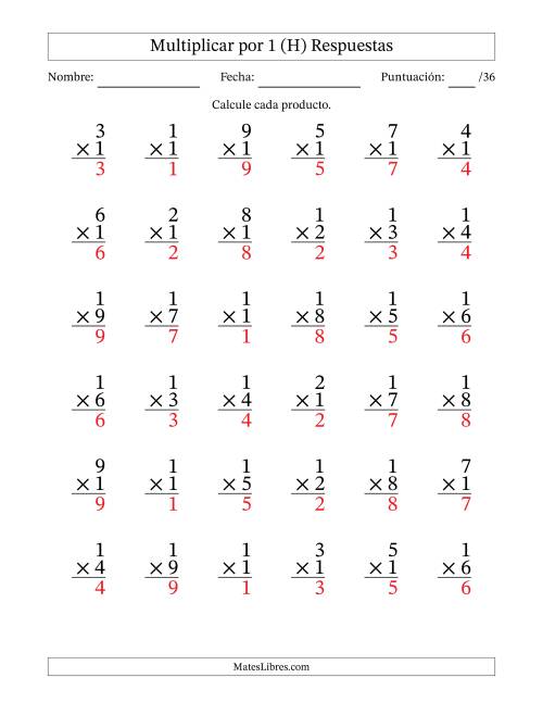 La hoja de ejercicios de Multiplicar (Factores de 1 a 9) por 1 (36 Preguntas) (H) Página 2